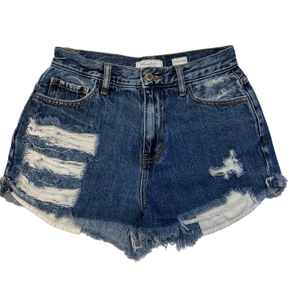 Kancan Signature Buckle Ultra High Rise Distressed Raw Hem Jean Shorts